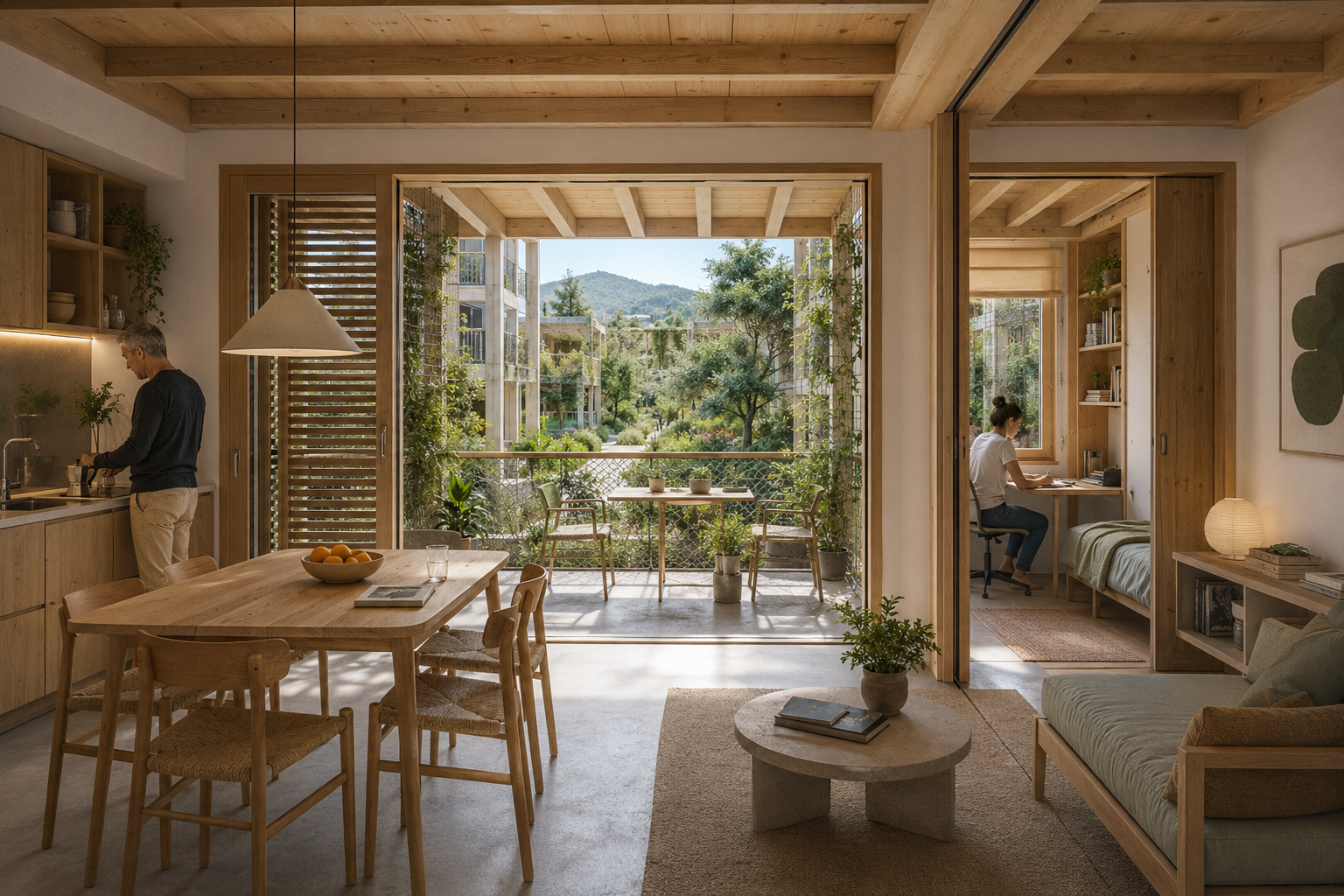 Rione 3180, render di progetto: interno di un alloggio e loggia sul verde
