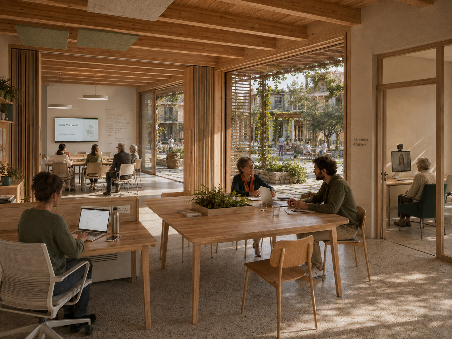 Rione 3180, render di progetto: coworking e servizi di prossimità