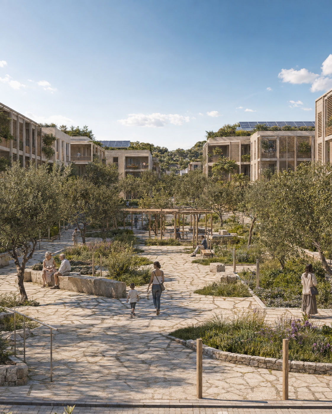 Rione 3180, render di progetto: piazza spugna e spazi verdi accessibili