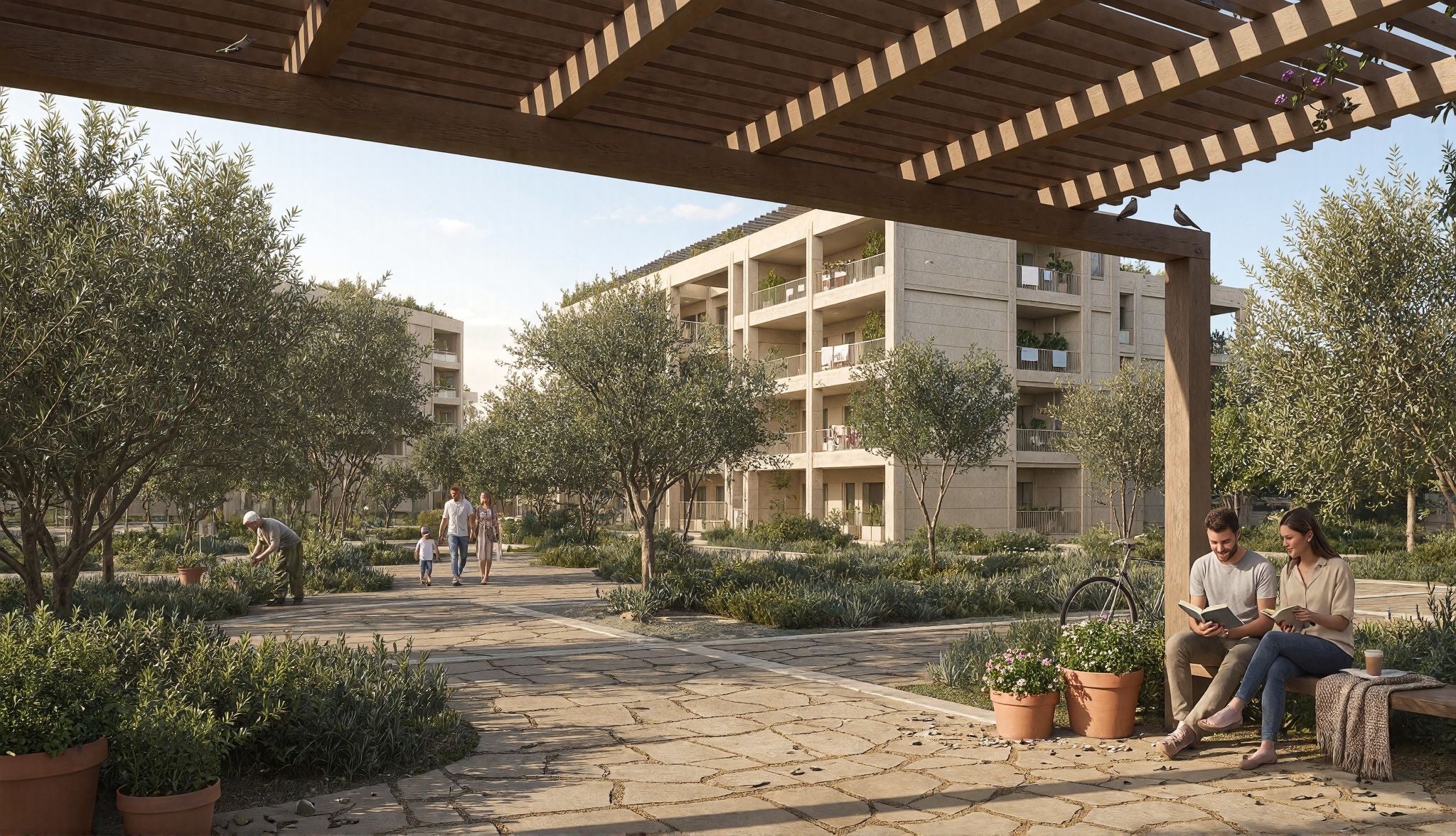 Rione 3180, render di progetto: corte condivisa e pergolato