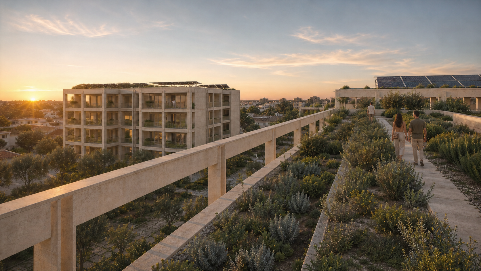 Rione 3180, render di progetto: coperture verdi e pergole fotovoltaiche
