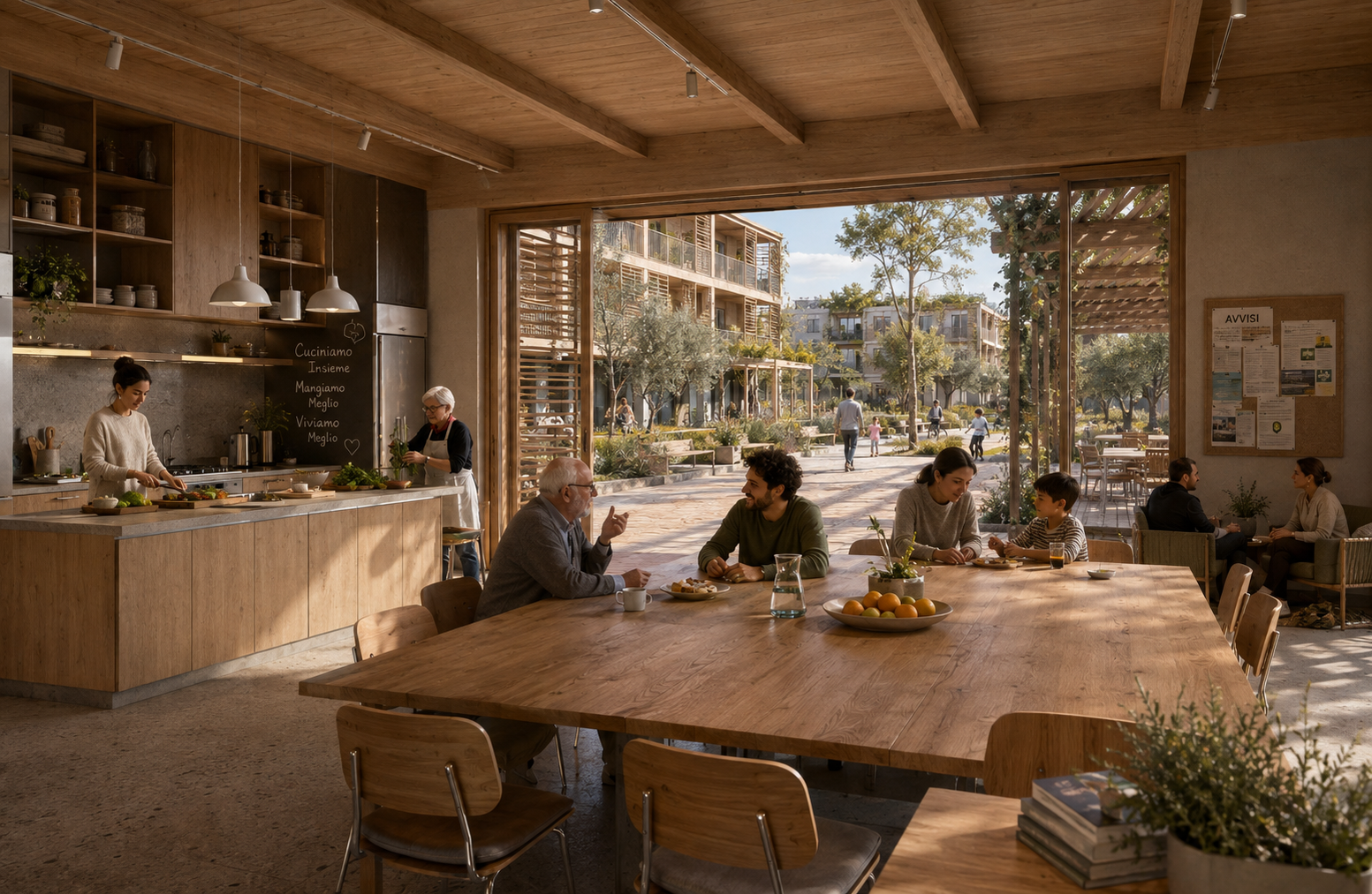 Rione 3180, render di progetto: cucina comune e relazioni di vicinato