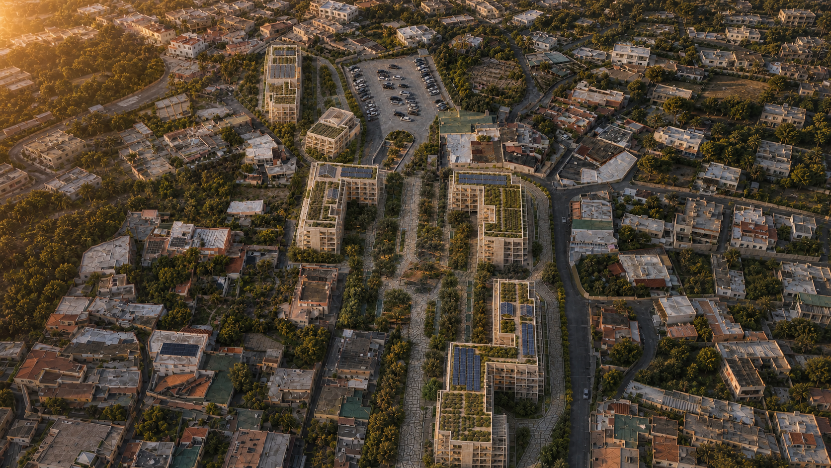 Rione 3180, render di progetto: vista aerea del quartiere al tramonto