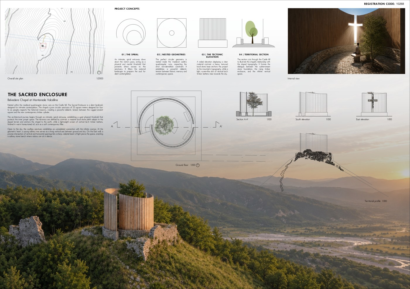 Tavola di concorso con concept, pianta, sezioni, prospetti e render di The Sacred Enclosure.