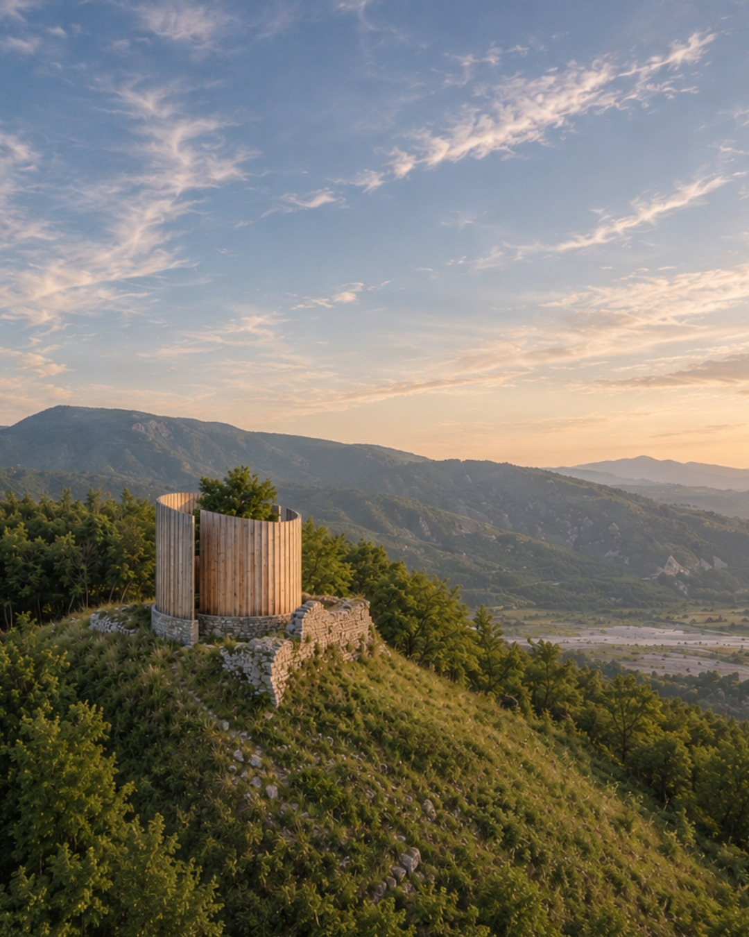 Render panoramico di The Sacred Enclosure sul colle affacciato sulla Valcellina.