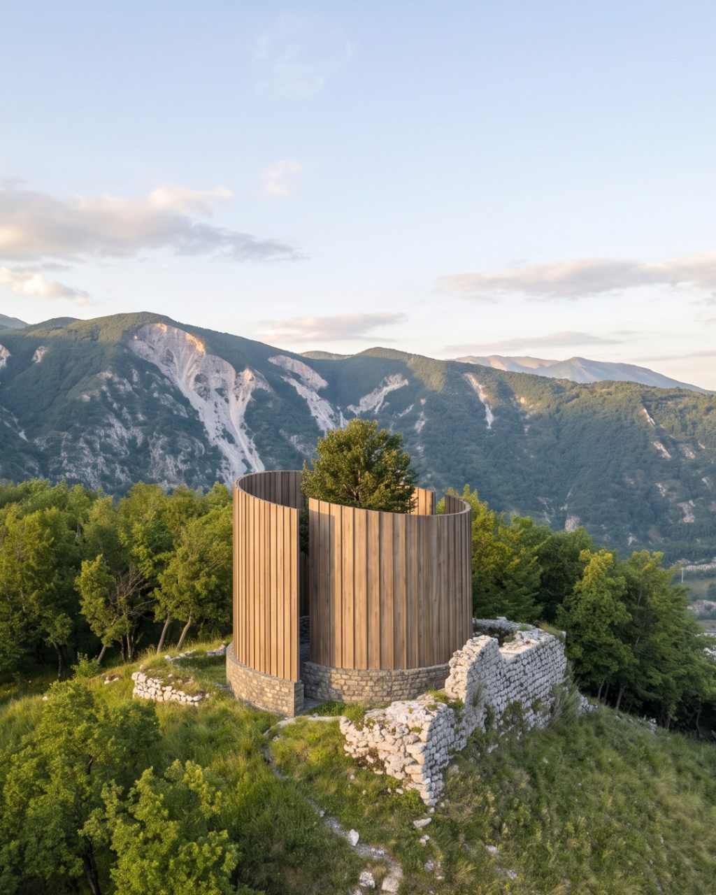 Render della cappella circolare in legno tra le rovine del Castello di Montereale Valcellina.