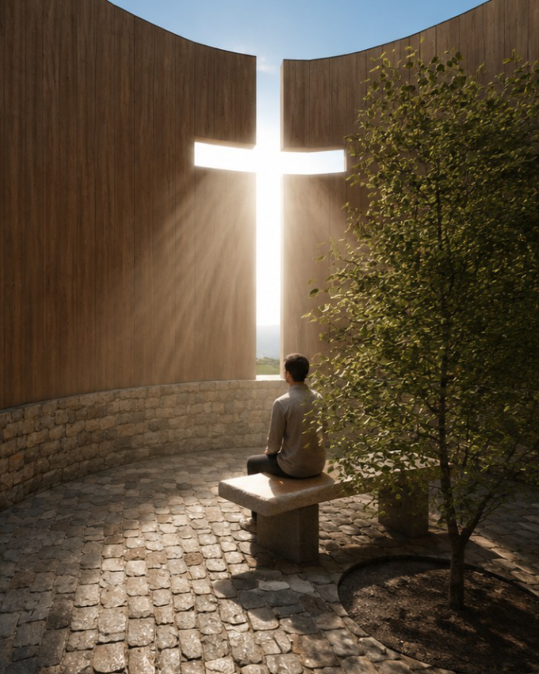 Render interno della cappella con albero, seduta in pietra e luce attraverso l’apertura a croce.
